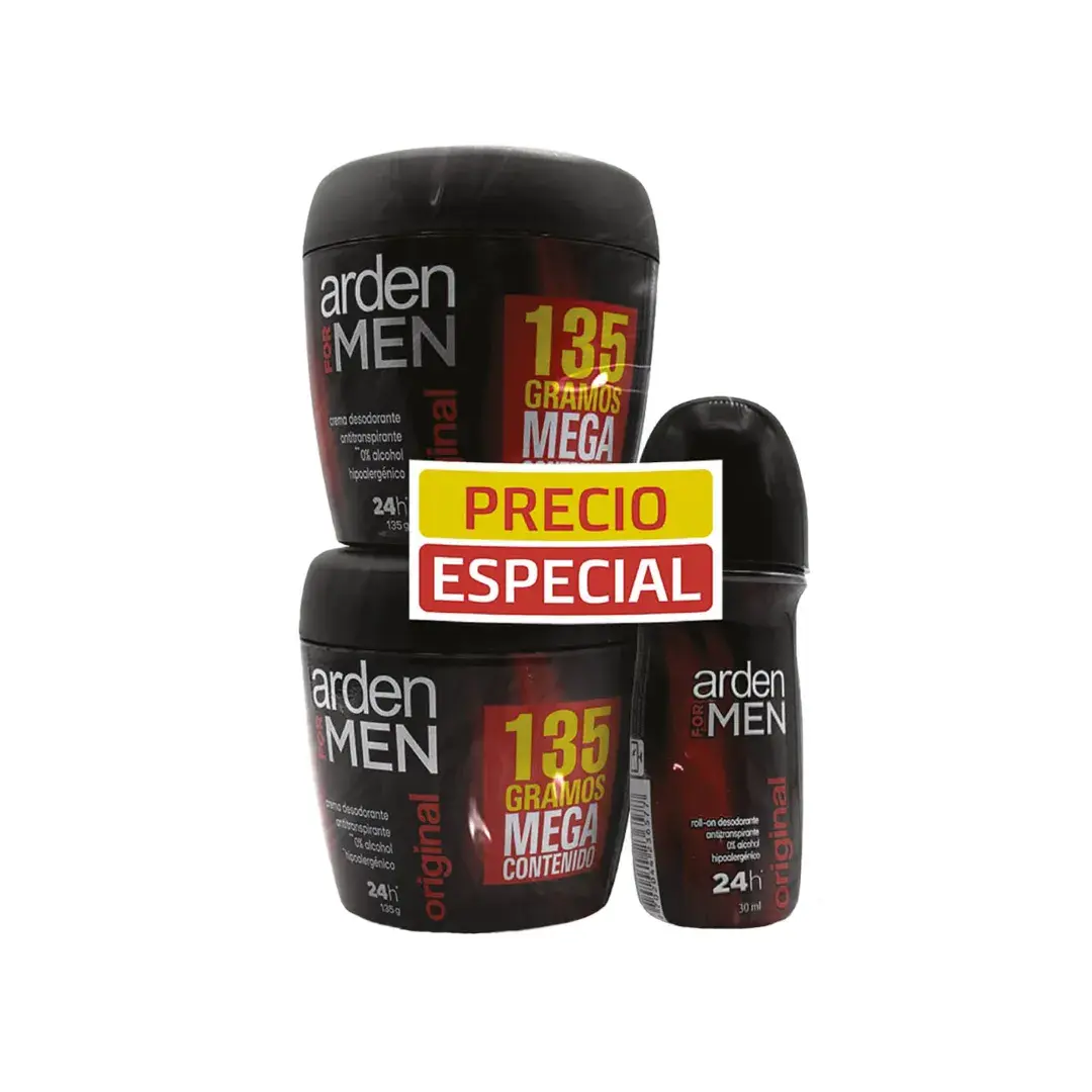 2 Desodorantes Arden For Men En Crema X 135 G C/U + Desodorante Arden For Men Original Mini Roll-On X 30 Ml
